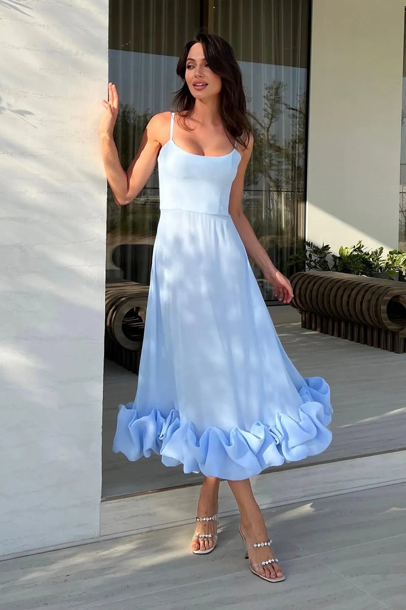 Women's Spaghetti Strap Ruffled Hem Fall Wedding Guest Dress Midi