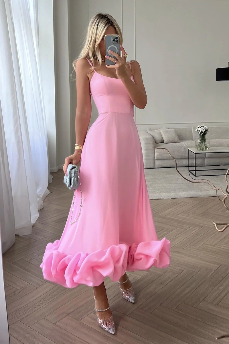 Women's Spaghetti Strap Ruffled Hem Fall Wedding Guest Dress Midi