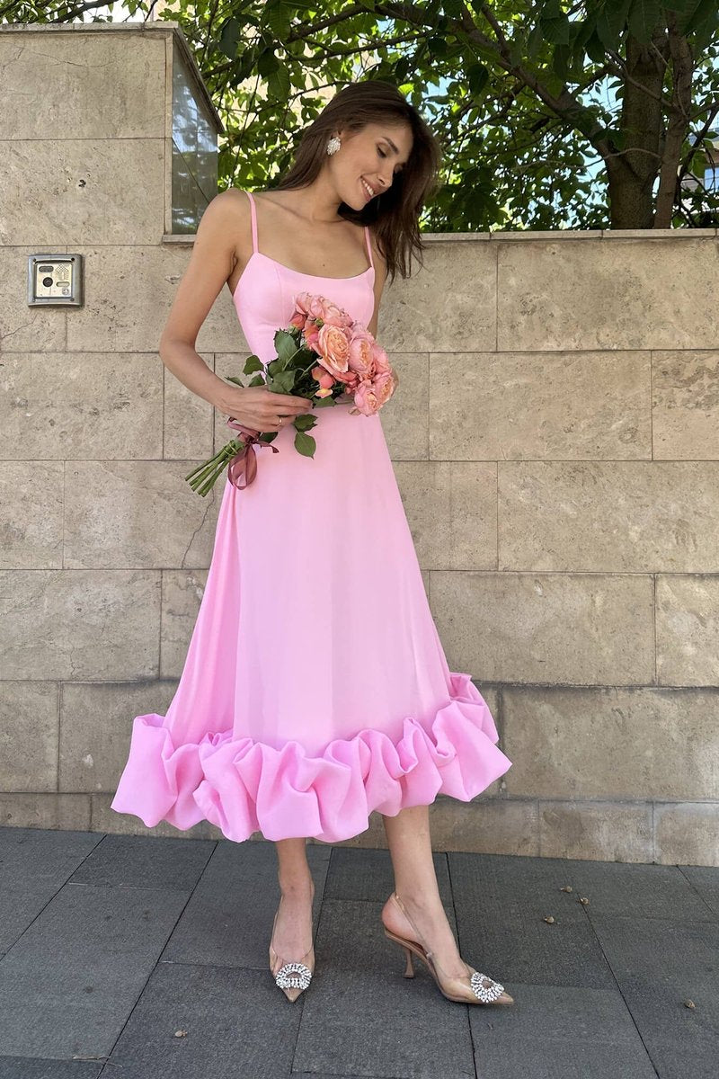 Women's Spaghetti Strap Ruffled Hem Fall Wedding Guest Dress Midi