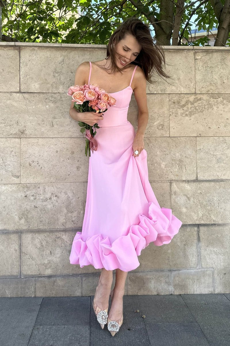 Women's Spaghetti Strap Ruffled Hem Fall Wedding Guest Dress Midi
