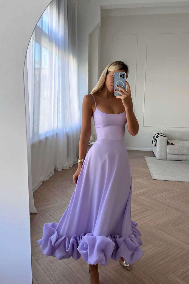 Women's Spaghetti Strap Ruffled Hem Fall Wedding Guest Dress Midi