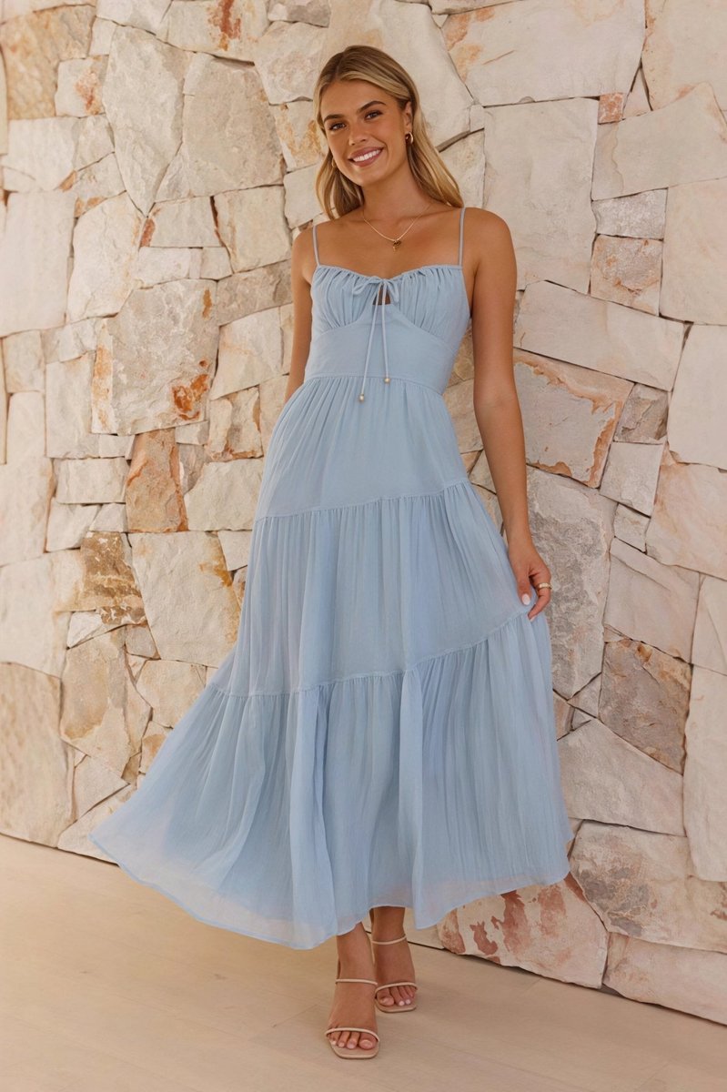 Women's Spaghetti Strap Tiered Flared Fall Wedding Guest Dress