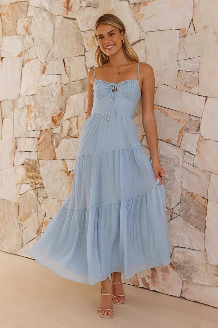 Women's Spaghetti Strap Tiered Flared Fall Wedding Guest Dress