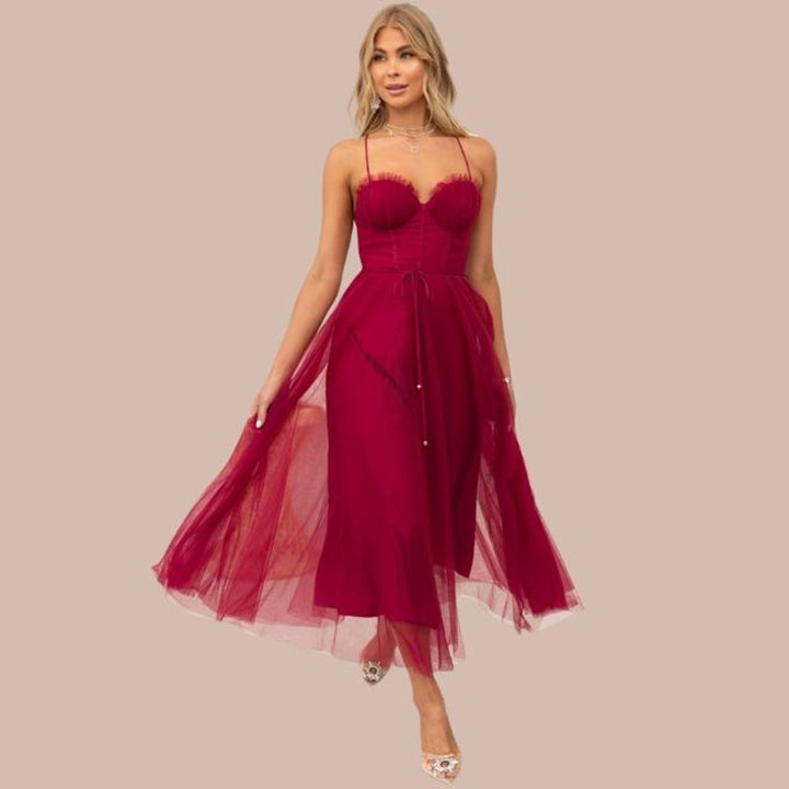 Women's Spaghetti Strap Tulle Corset Fall Midi Dress