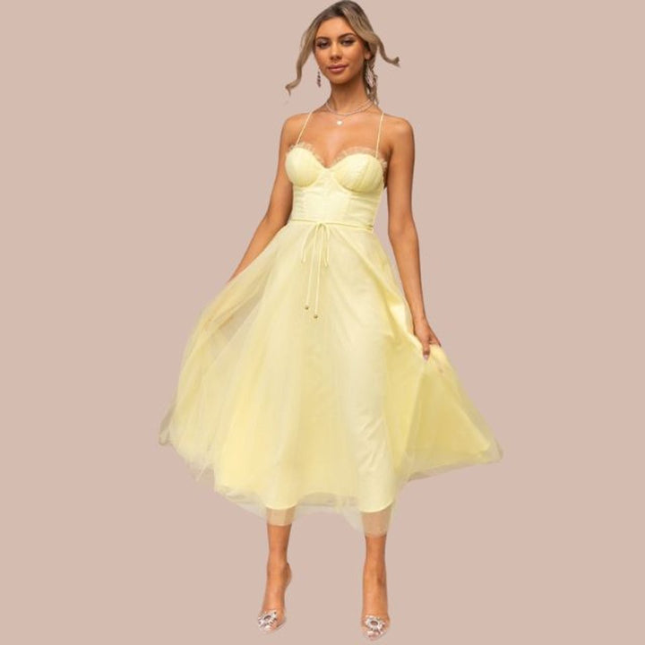 Women's Spaghetti Strap Tulle Corset Fall Midi Dress