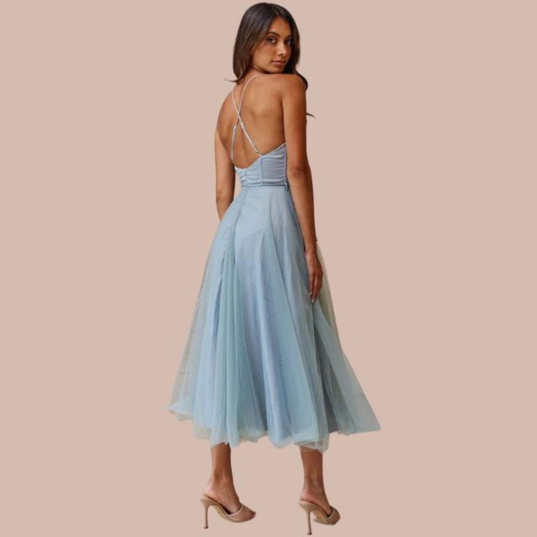 Women's Spaghetti Strap Tulle Corset Fall Midi Dress