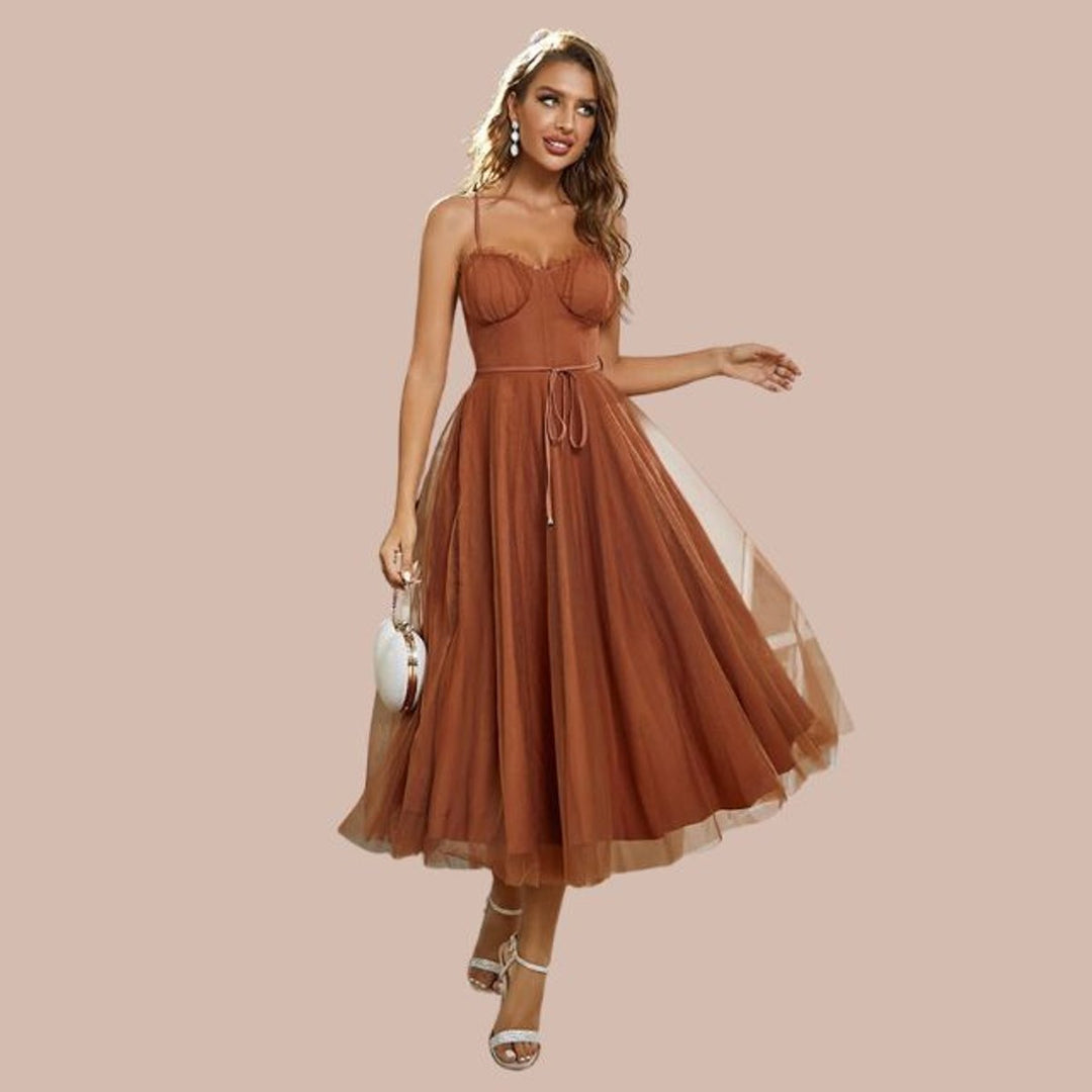 Women's Spaghetti Strap Tulle Corset Fall Midi Dress