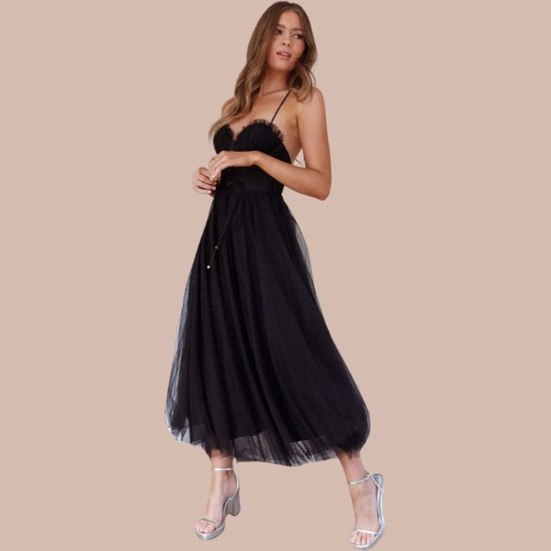 Women's Spaghetti Strap Tulle Corset Fall Midi Dress