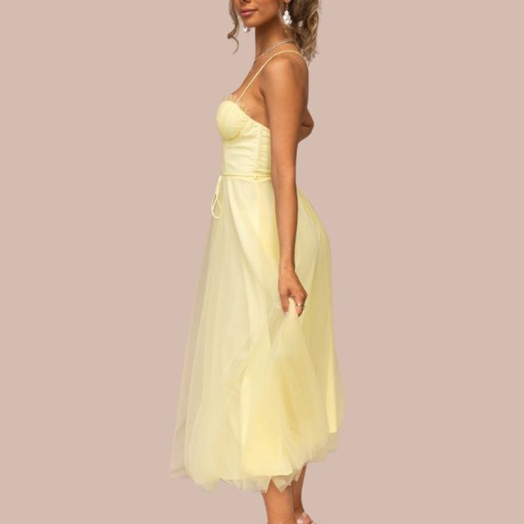 Women's Spaghetti Strap Tulle Corset Fall Midi Dress