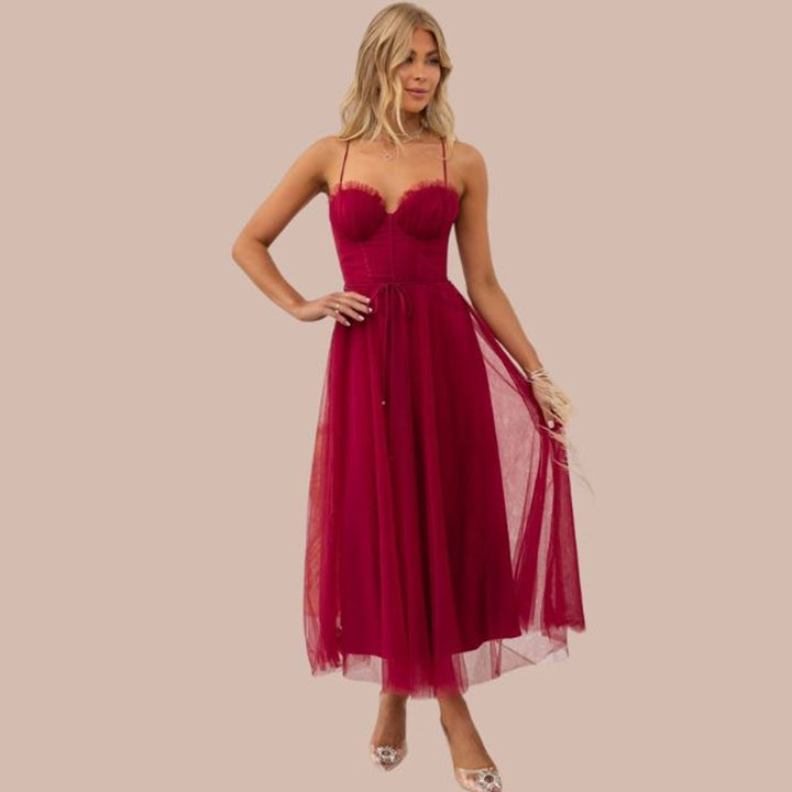 Women's Spaghetti Strap Tulle Corset Fall Midi Dress