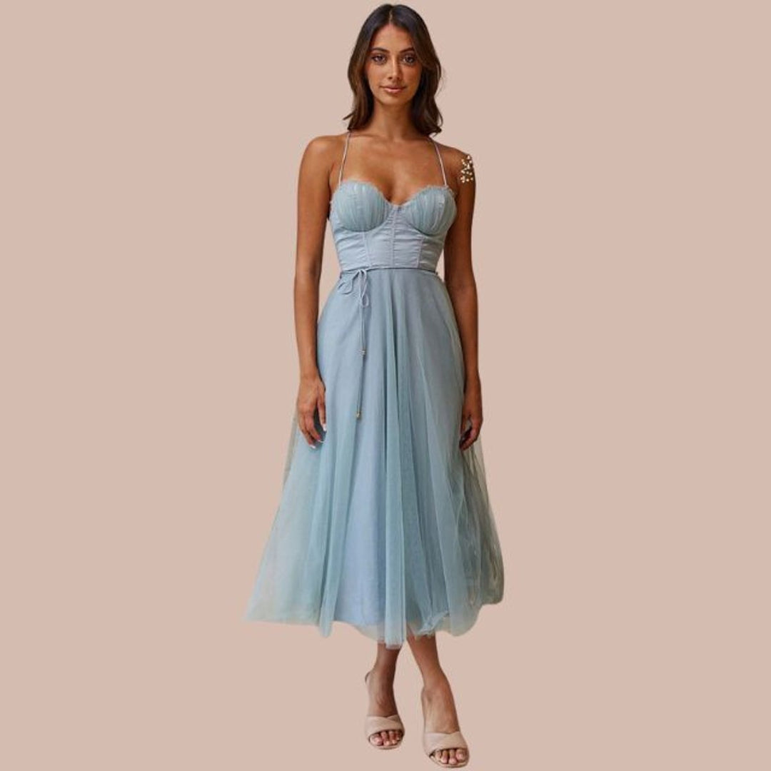 Women's Spaghetti Strap Tulle Corset Fall Midi Dress