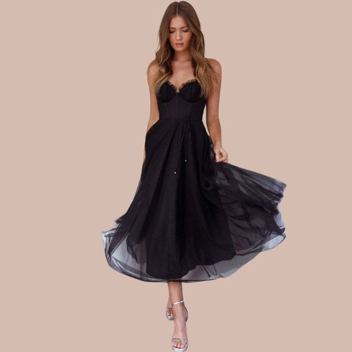 Women's Spaghetti Strap Tulle Corset Fall Midi Dress