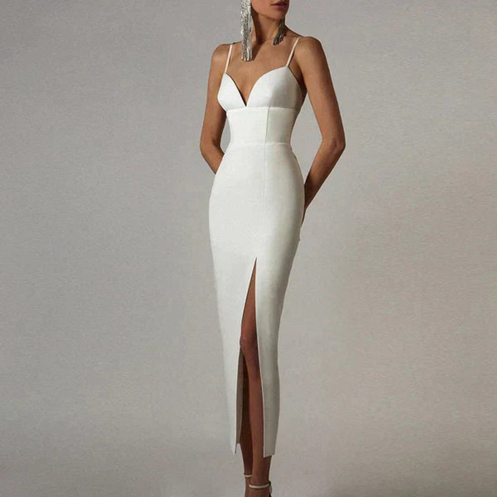 Women's Spaghetti Strap V-Neck Bodycon Fall Midi Dress Side Slit
