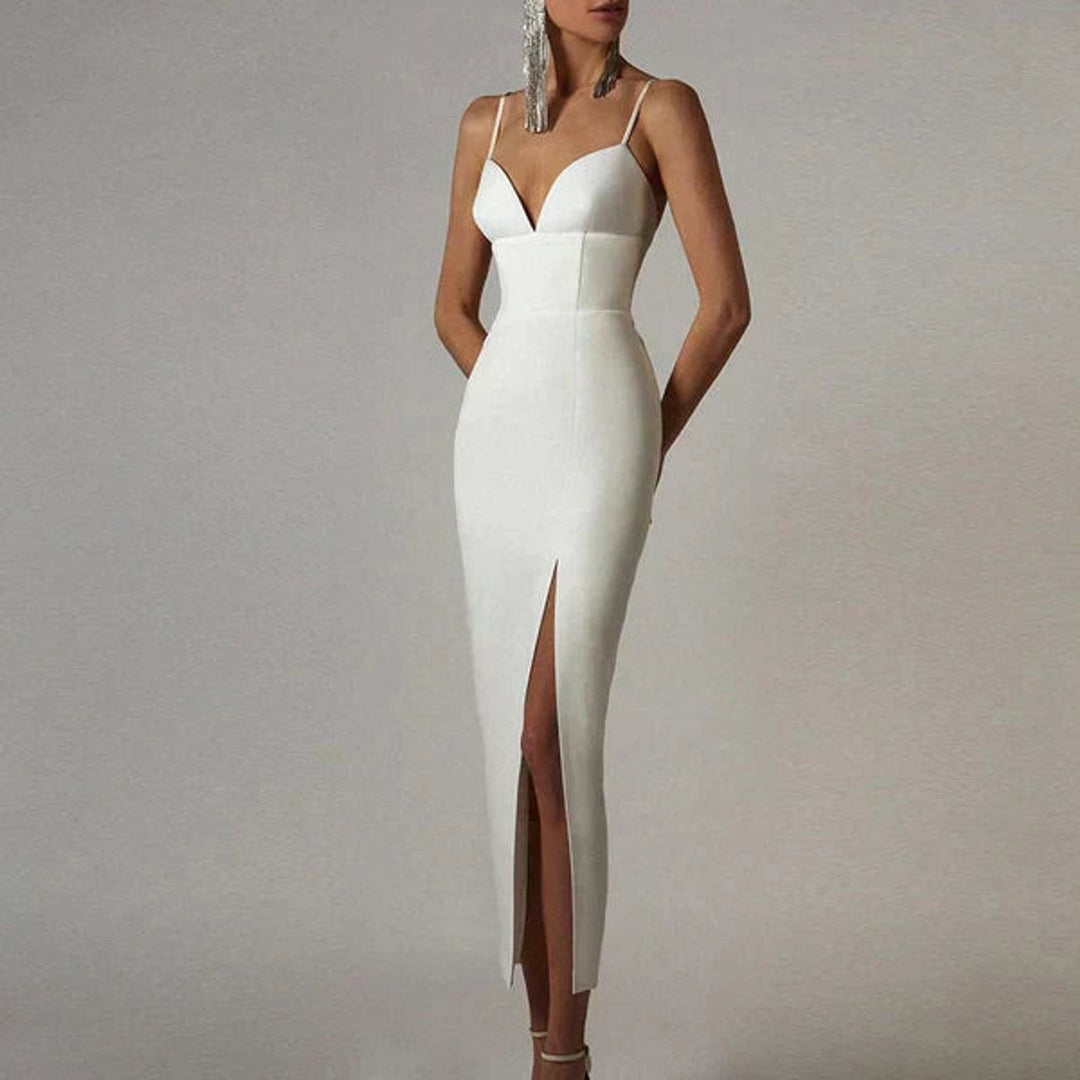 Women's Spaghetti Strap V-Neck Bodycon Fall Midi Dress Side Slit
