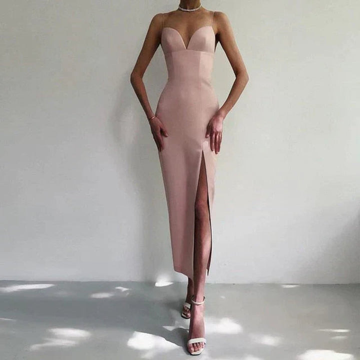 Women's Spaghetti Strap V-Neck Bodycon Fall Midi Dress Side Slit