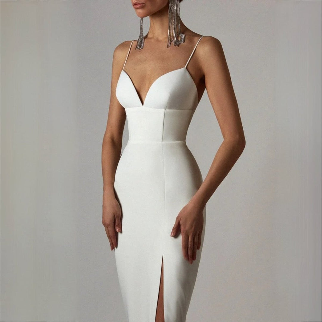 Women's Spaghetti Strap V-Neck Bodycon Fall Midi Dress Side Slit