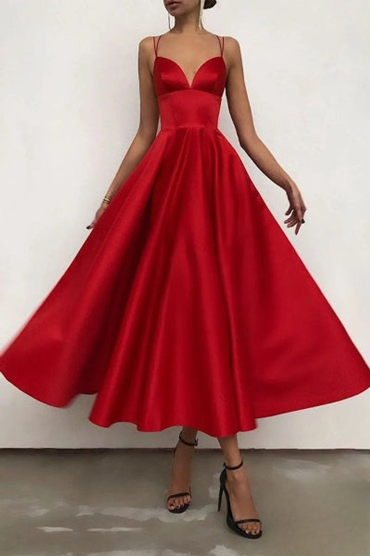 Women's Spaghetti Strap V-Neck Fall Midi Dress Special Occasion