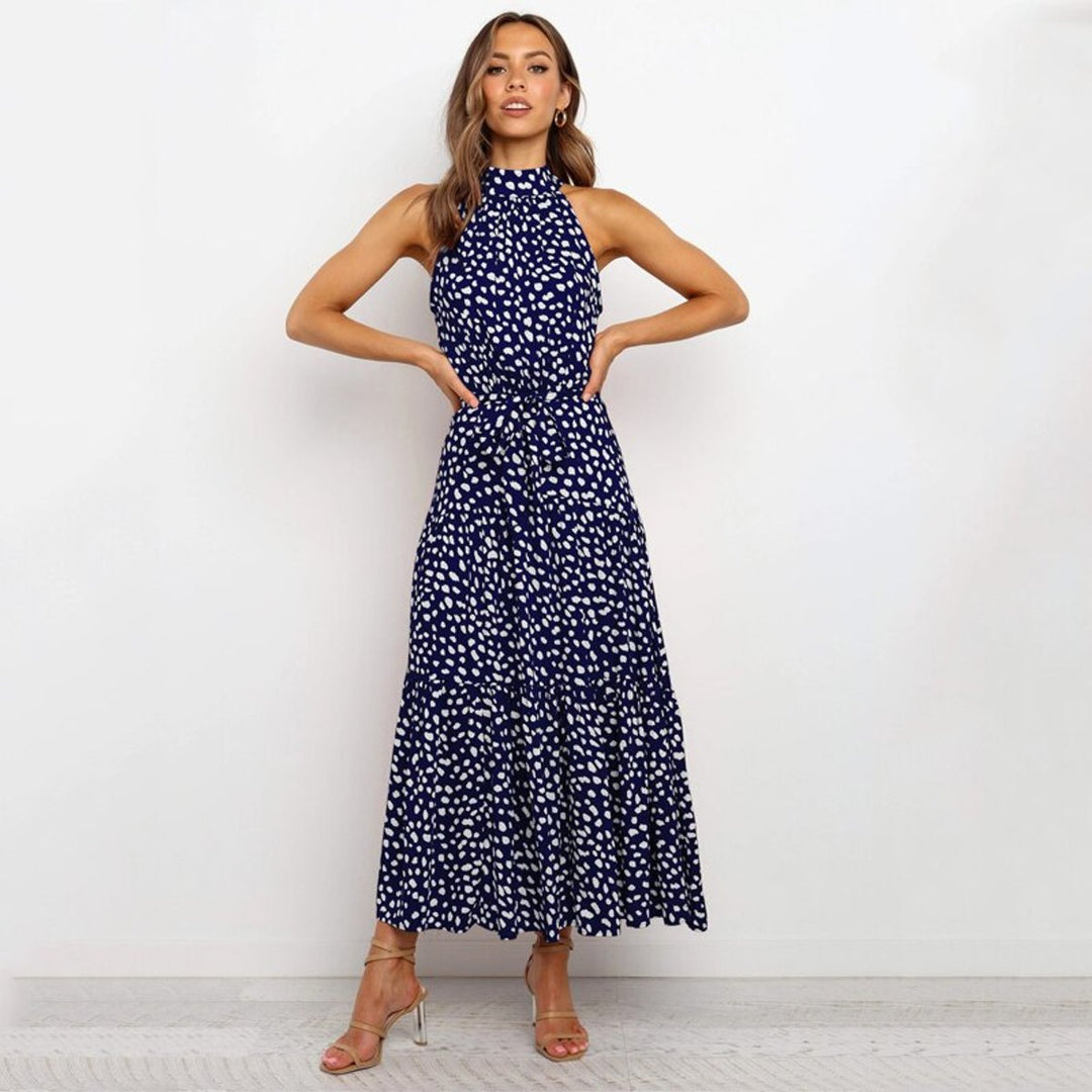 Women's Speckled Print Halter-Neck Fall Midi Dress Tiered Skirt