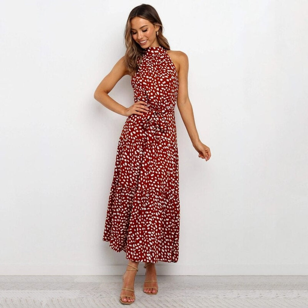 Women's Speckled Print Halter-Neck Fall Midi Dress Tiered Skirt