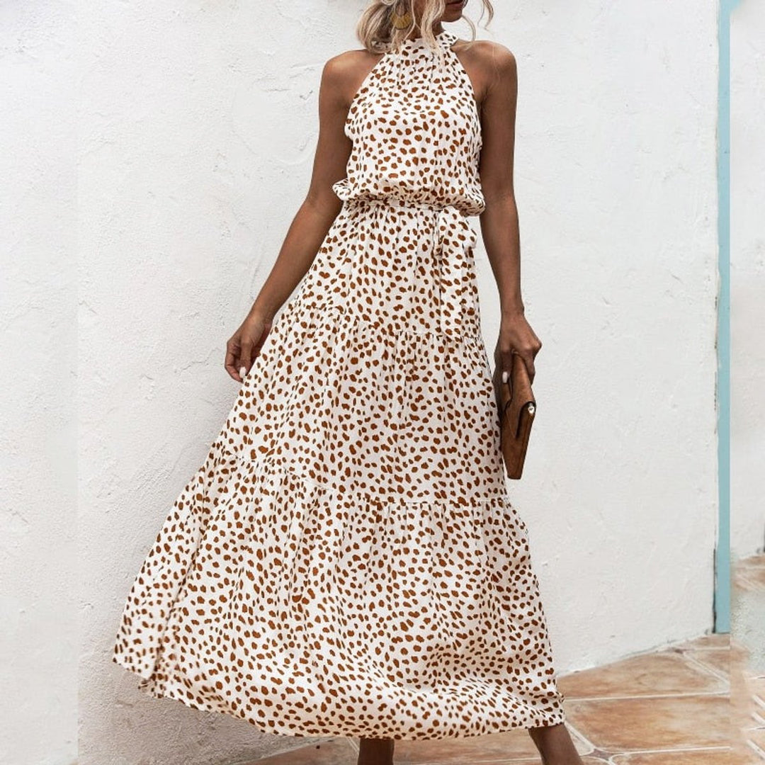 Women's Spotted Animal Print Halter Fall Midi Dress Flowy A-Line