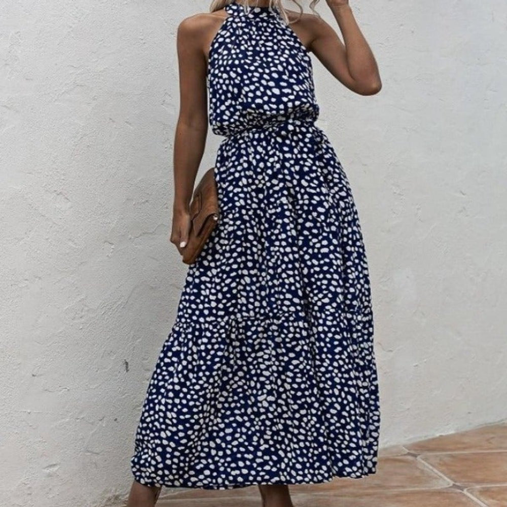 Women's Spotted Animal Print Halter Fall Midi Dress Flowy A-Line