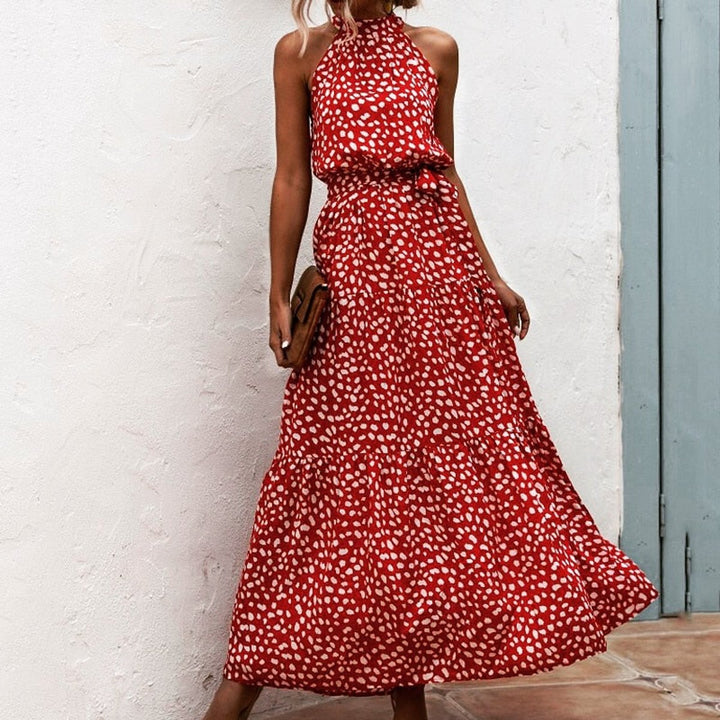 Women's Spotted Animal Print Halter Fall Midi Dress Flowy A-Line