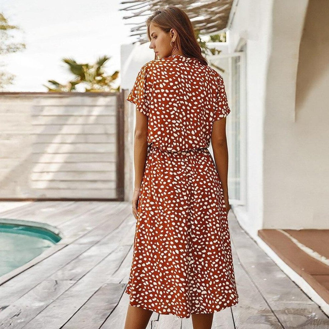 Women's Spotted Print Short-Sleeve Fall Midi Dress Elastic Waist