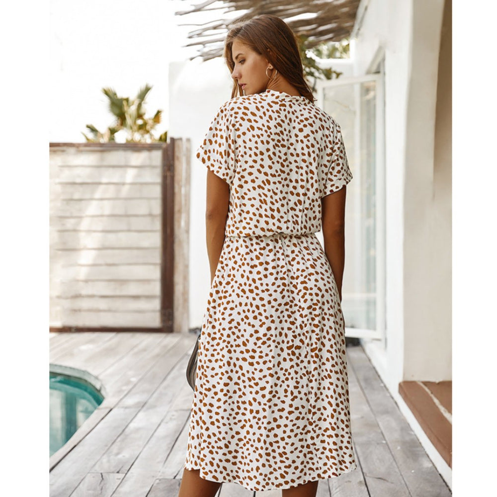 Women's Spotted Print Short-Sleeve Fall Midi Dress Elastic Waist