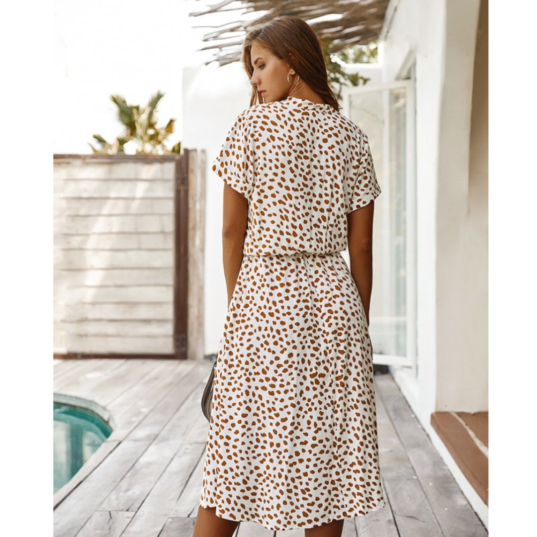 Women's Spotted Print Short-Sleeve Fall Midi Dress Elastic Waist