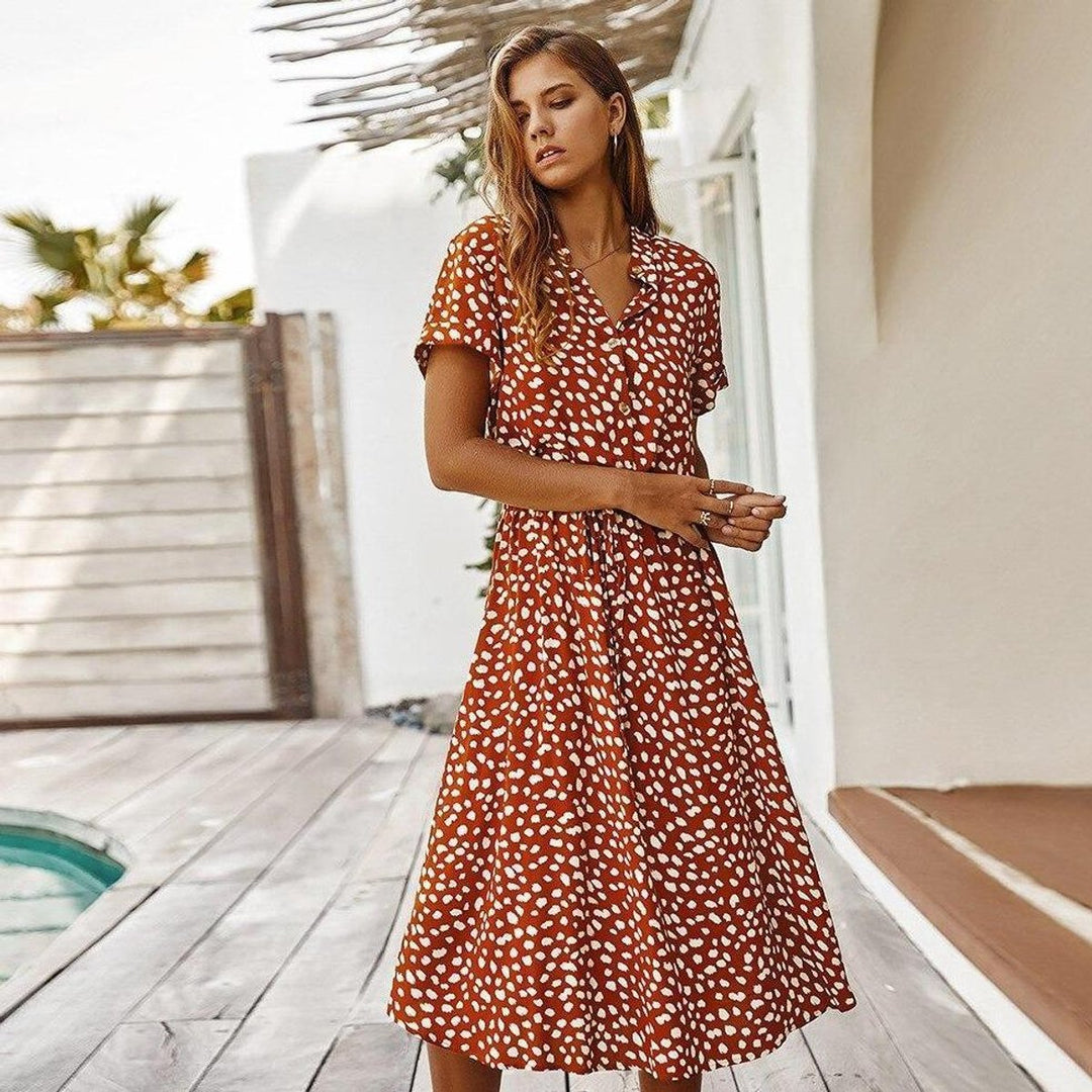 Women's Spotted Print Short-Sleeve Fall Midi Dress Elastic Waist
