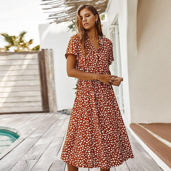 Women's Spotted Print Short-Sleeve Fall Midi Dress Elastic Waist