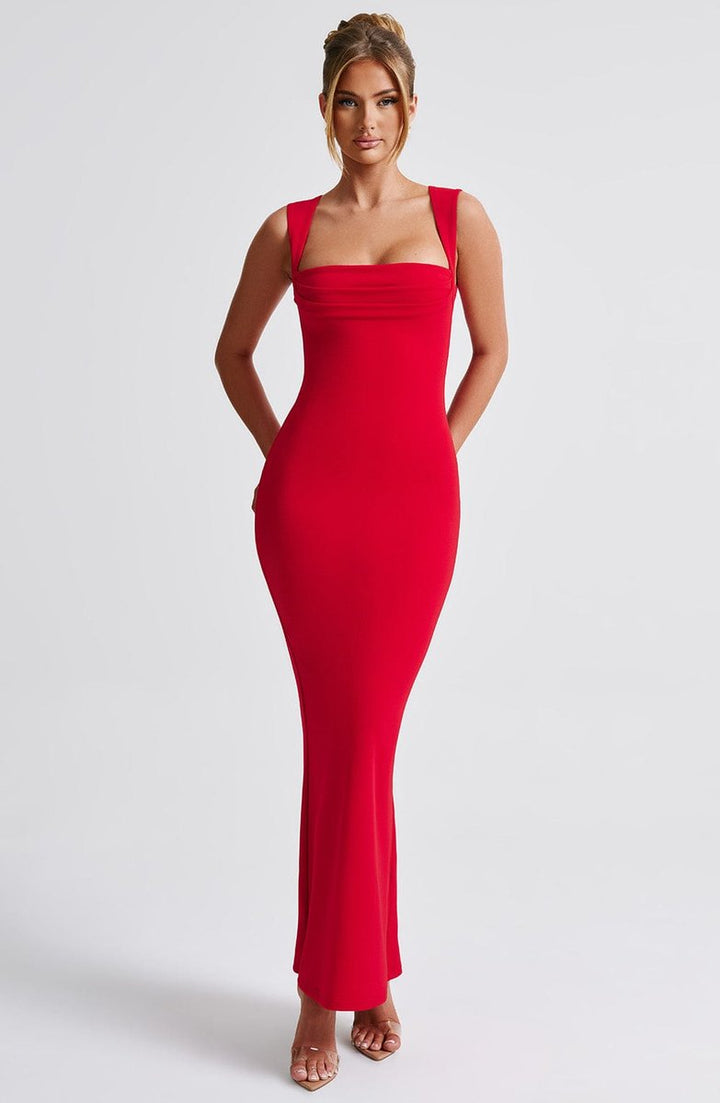 Women's Square-Neck Bodycon Fall Wedding Guest Dress Stretch Maxi
