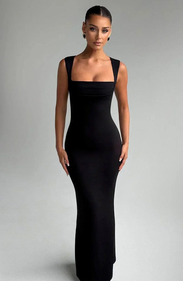 Women's Square-Neck Bodycon Fall Wedding Guest Dress Stretch Maxi