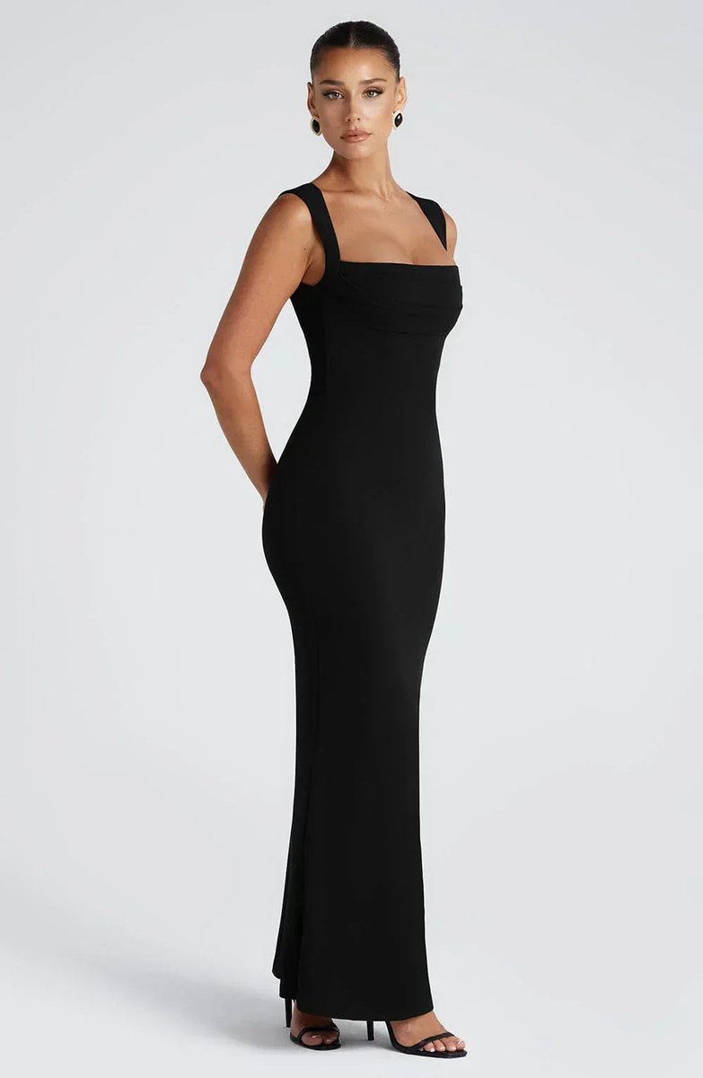 Women's Square-Neck Bodycon Fall Wedding Guest Dress Stretch Maxi