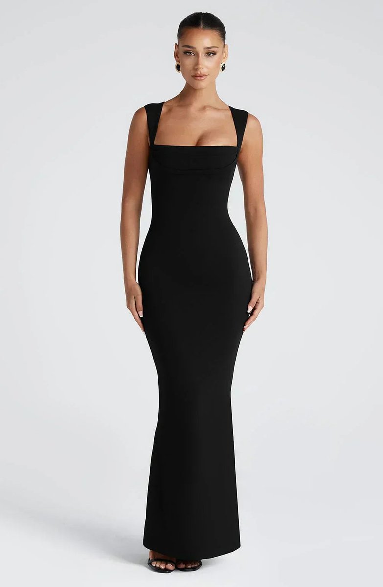 Women's Square-Neck Bodycon Fall Wedding Guest Dress Stretch Maxi