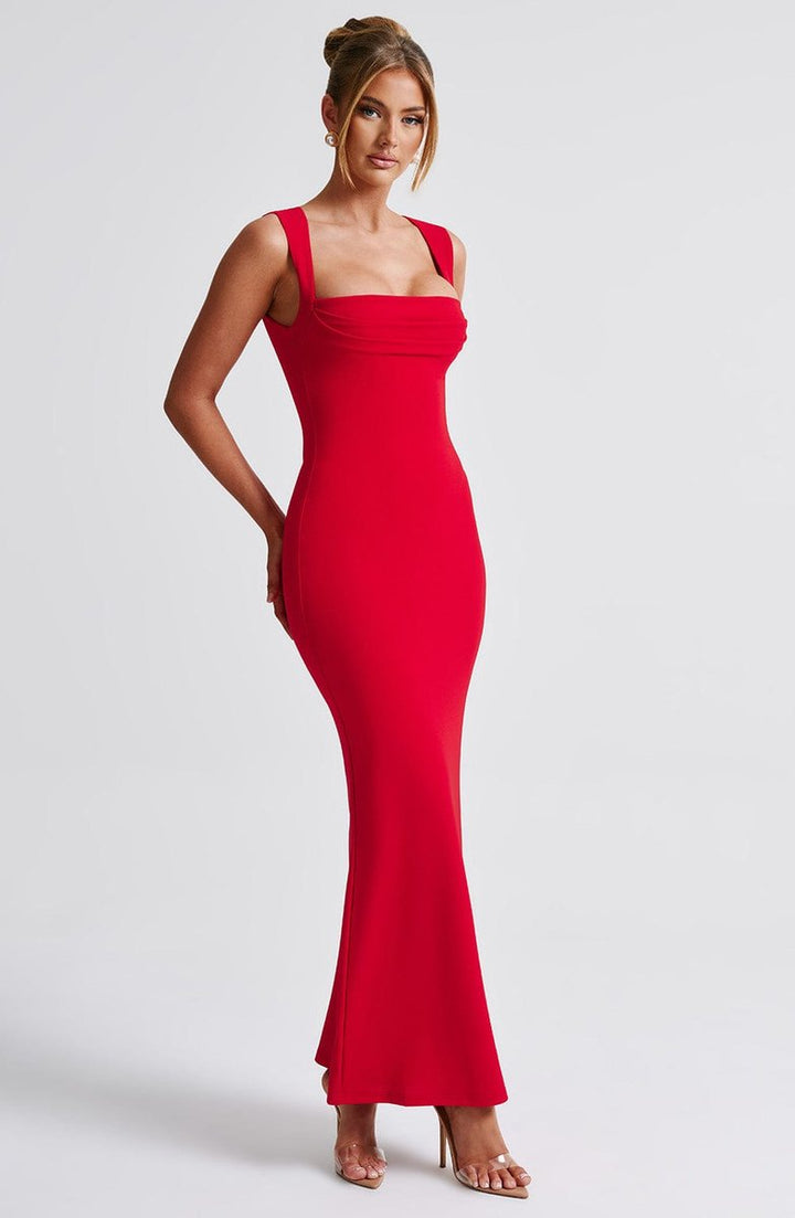 Women's Square-Neck Bodycon Fall Wedding Guest Dress Stretch Maxi