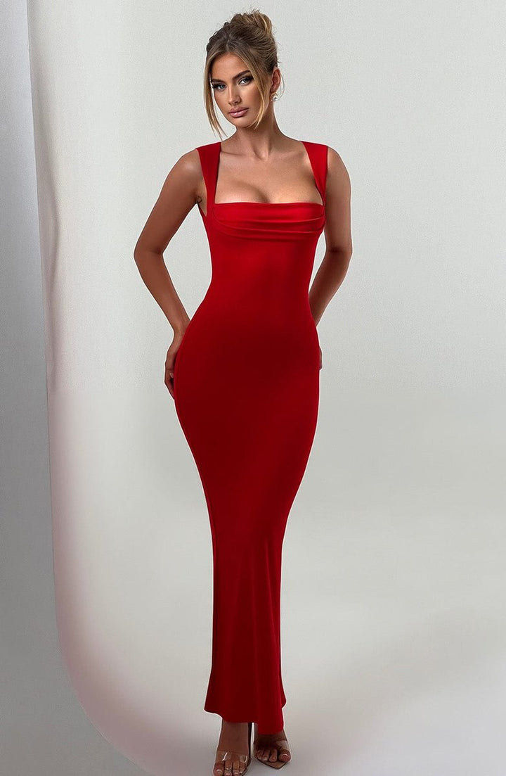 Women's Square-Neck Bodycon Fall Wedding Guest Dress Stretch Maxi