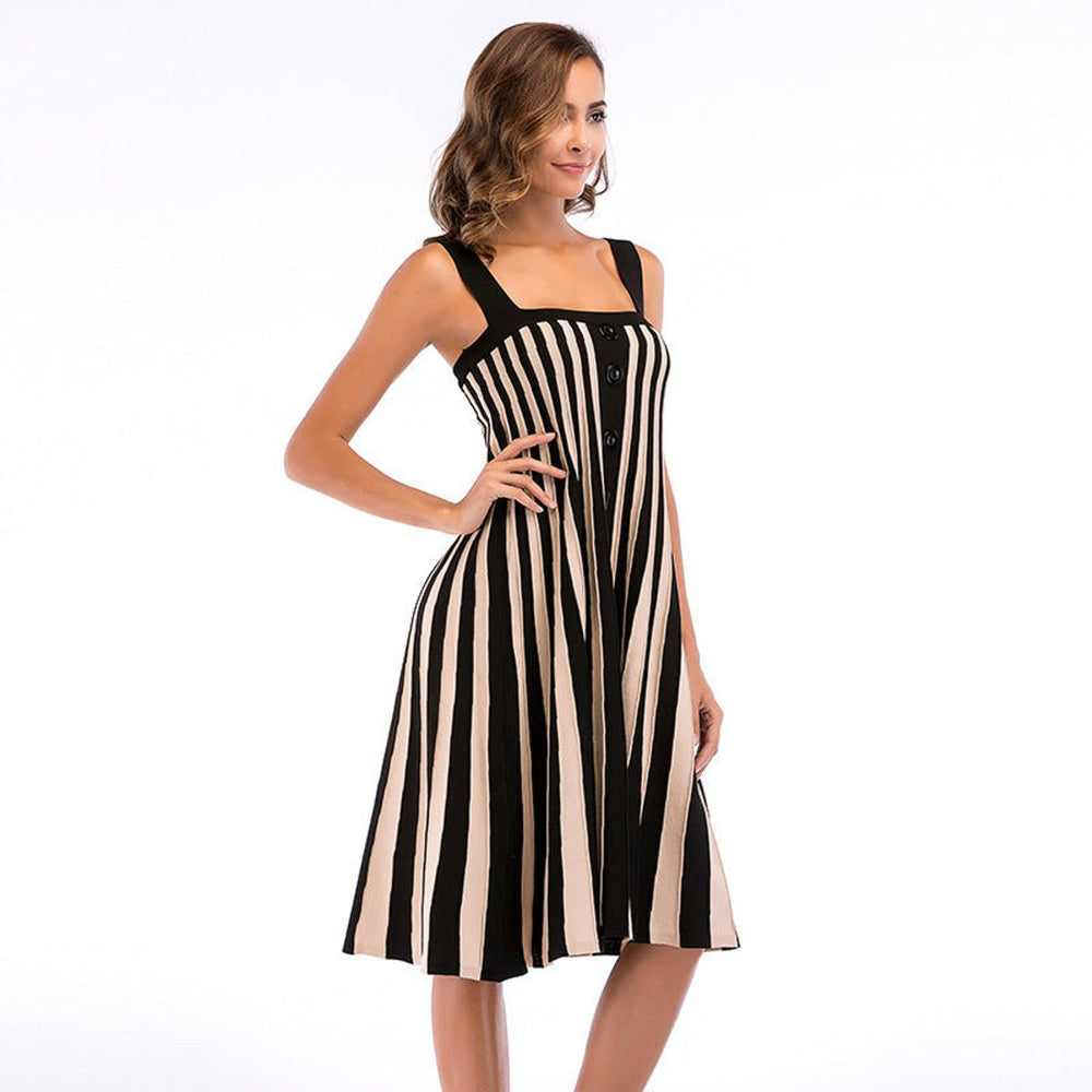 Women's Square-Neck Button-Front Striped Fall Midi Dress