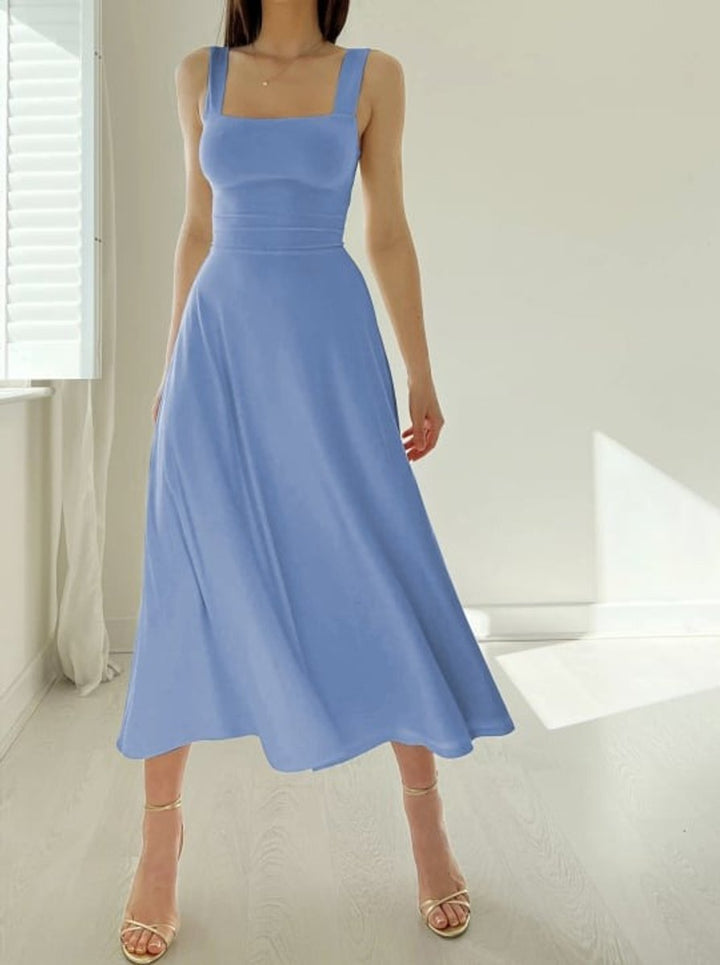 Women's Square-Neck Corset-Waist Fall Midi Dress A-Line