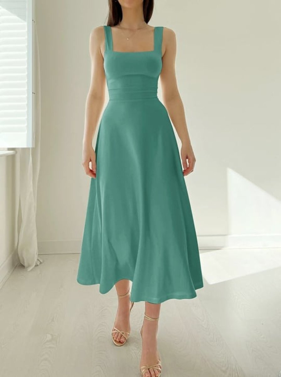 Women's Square-Neck Corset-Waist Fall Midi Dress A-Line