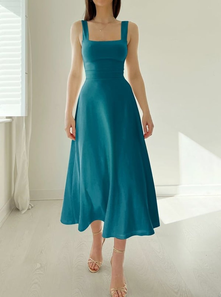 Women's Square-Neck Corset-Waist Fall Midi Dress A-Line