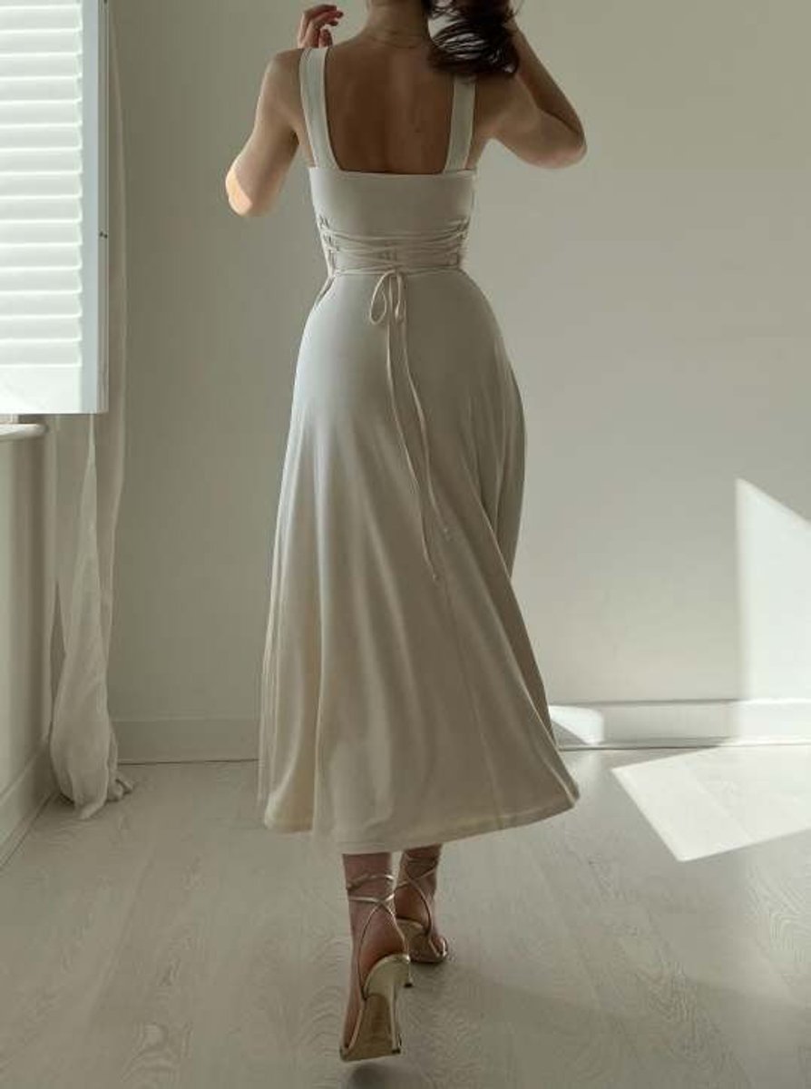 Women's Square-Neck Corset-Waist Fall Midi Dress A-Line