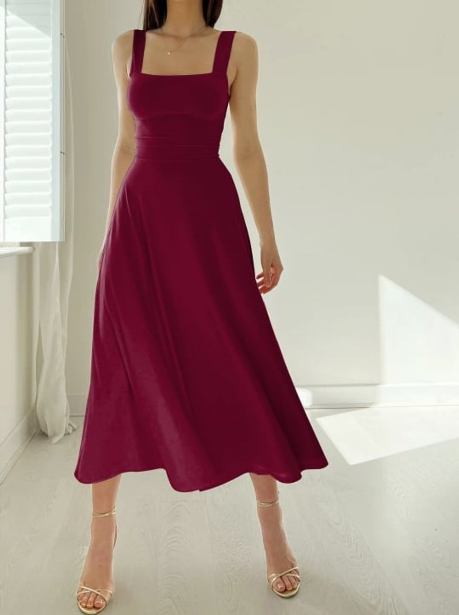 Women's Square-Neck Corset-Waist Fall Midi Dress A-Line