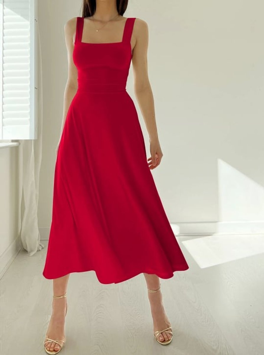 Women's Square-Neck Corset-Waist Fall Midi Dress A-Line