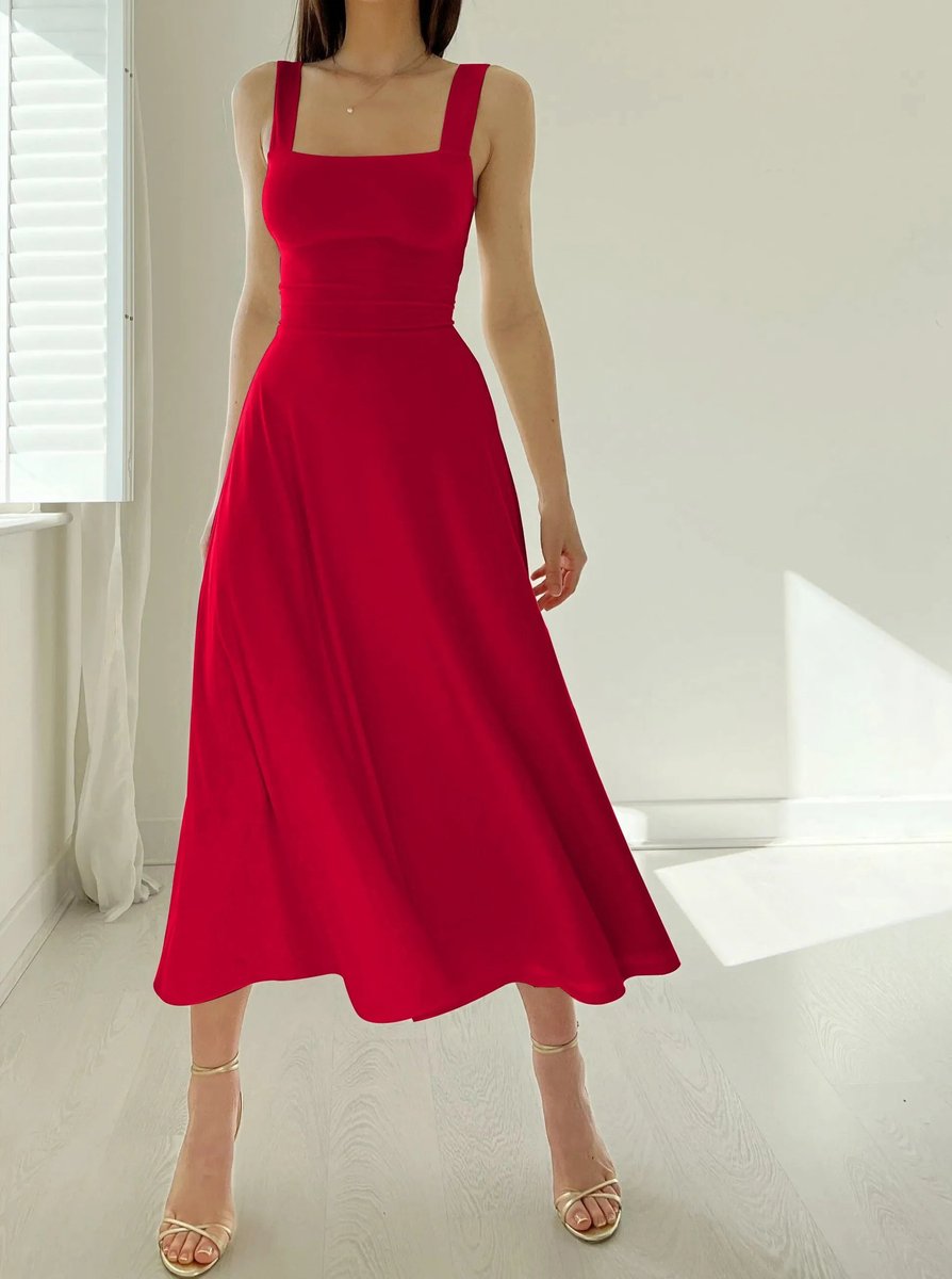 Women's Square-Neck Corset-Waist Fall Midi Dress A-Line Flowy