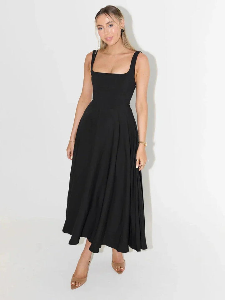 Women's Square-Neck High-Waist A-Line Fall Midi Dress