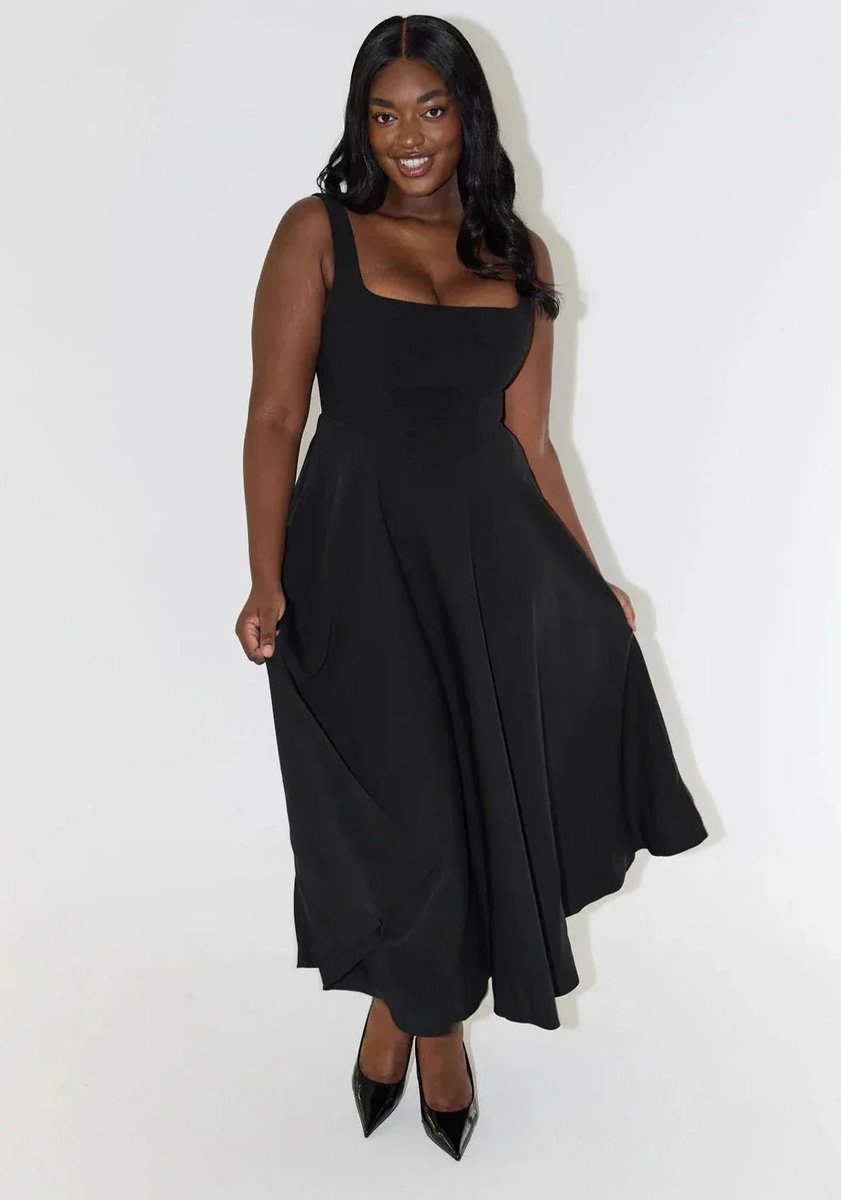 Women's Square-Neck High-Waist A-Line Fall Midi Dress