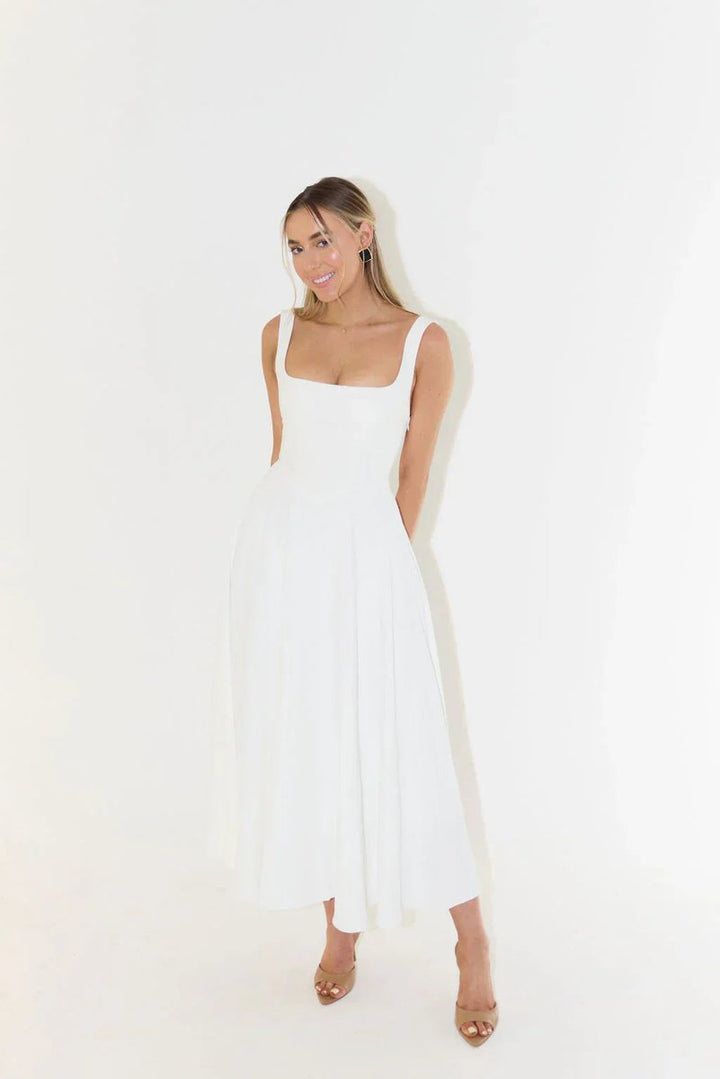 Women's Square-Neck High-Waist A-Line Fall Midi Dress