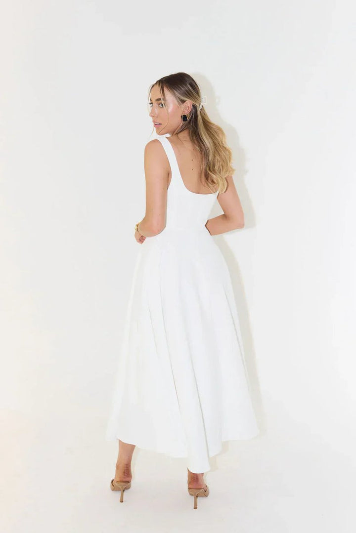 Women's Square-Neck High-Waist A-Line Fall Midi Dress