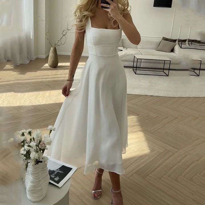 Women's Square Neck Midi Formal Dress Full Skirt Wedding Guest
